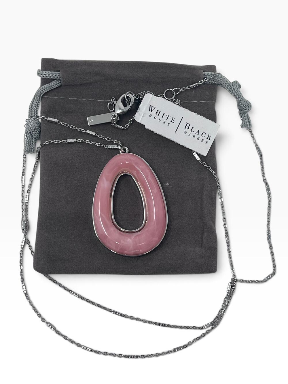 WHBM Pink Marbled Oval Pendant Long Silver Tone Necklace $44 Retail